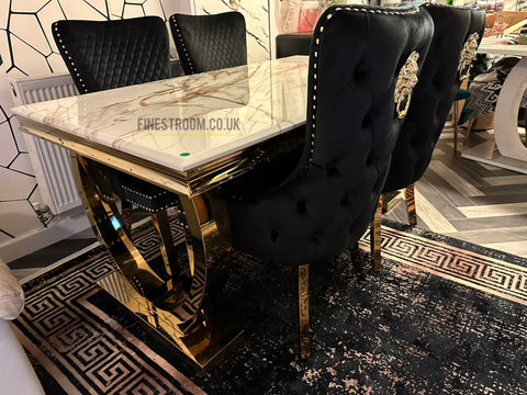 Kata Gold Ariana Dining Table With Victoria Black Gold Lion Knocker Chairs