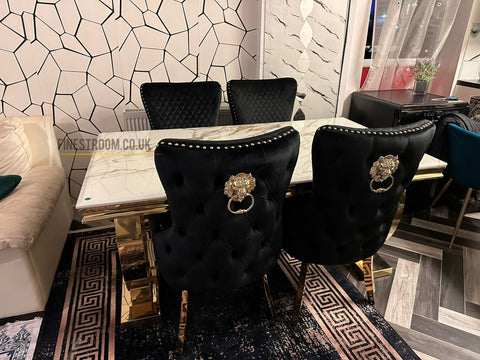 Kata Gold Ariana Dining Table With Victoria Black Gold Lion Knocker Chairs