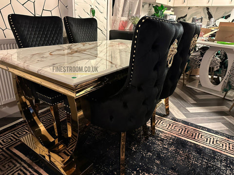 Kata Gold Ariana Dining Table With Victoria Black Gold Lion Knocker Chairs