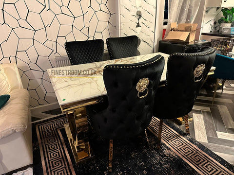 Kata Gold Ariana Dining Table With Victoria Black Gold Lion Knocker Chairs