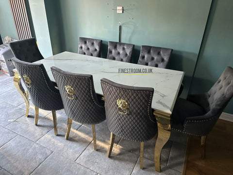 White Louis Gold Table With Grey Majestic Gold Lion Knocker Chairs