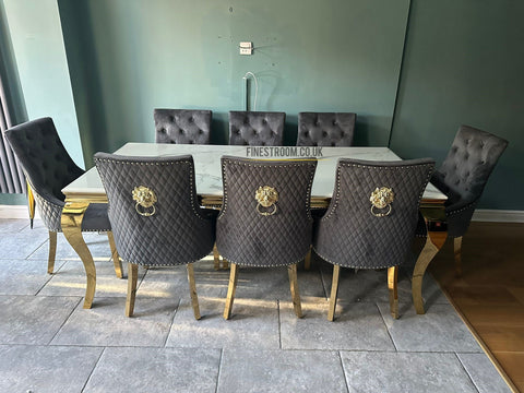 White Louis Gold Table With Grey Majestic Gold Lion Knocker Chairs