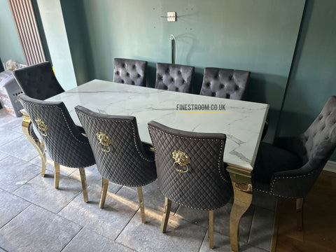 White Louis Gold Table With Grey Majestic Gold Lion Knocker Chairs