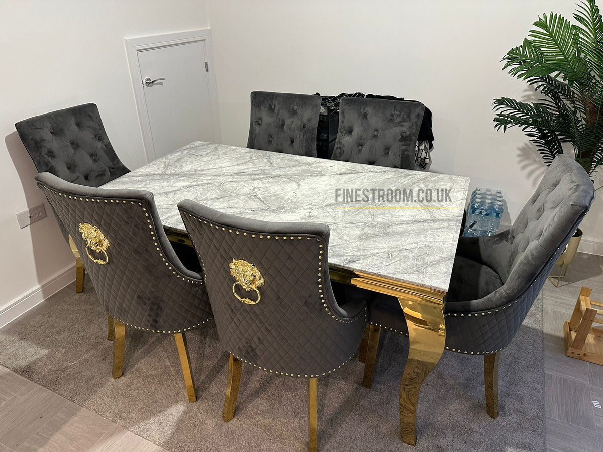 Grey Louis Gold Dining Table With Grey Majestic Gold Lion Knocker Chairs