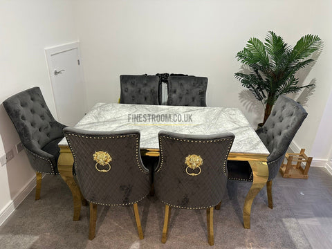 Grey Louis Gold Dining Table With Grey Majestic Gold Lion Knocker Chairs