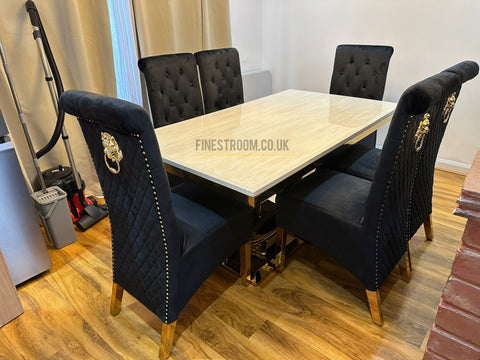 Elina Cream Gold Dining Table With Sofia Black Gold Chairs