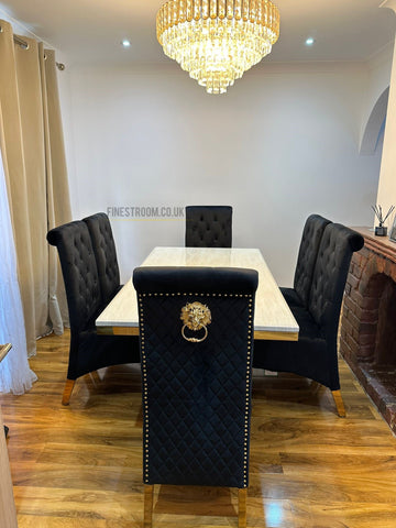 Elina Cream Gold Dining Table With Sofia Black Gold Chairs