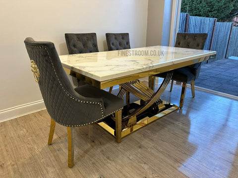 Elina White Gold Dining Table With Grey Gold Majestic Chairs