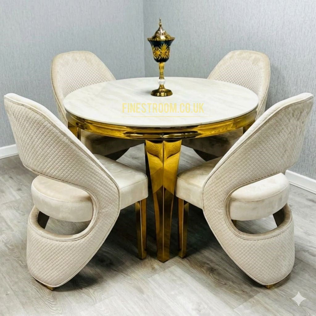 Louis Cream Gold Round Dining Table With Cream Gold Santorini Chairs