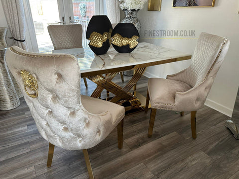 Kata Gold Elina Dining Table With Victoria Cream Gold Lion Knocker Chairs