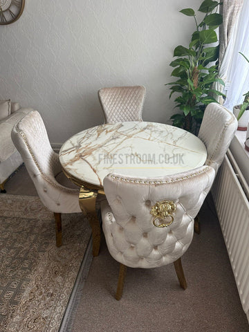 Kata Gold Louis Round Dining Table With Victoria Cream Gold Lion Knocker Chairs