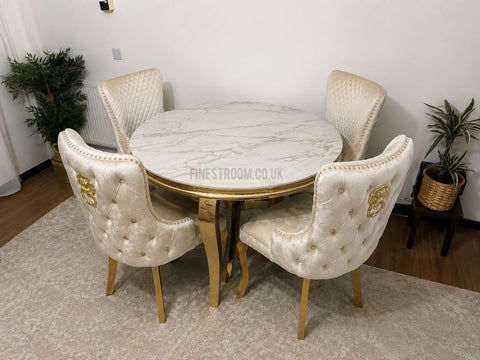 Kata Gold Louis Round Dining Table With Victoria Cream Gold Lion Knocker Chairs
