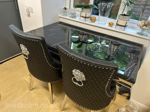 Black Plain Louis Dining Table With Black Leather Majestic Chairs