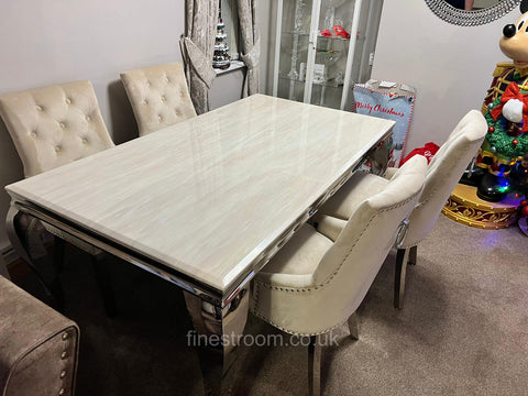 Cream Louis Chrome Dining Table with Mink Valencia Ring Knocker Chairs