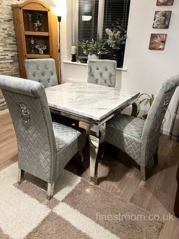 Grey Louis Chrome Dining Table With Light Grey Sofia Chairs