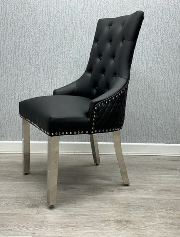 Black Plain Louis Dining Table With Black Leather Majestic Chairs