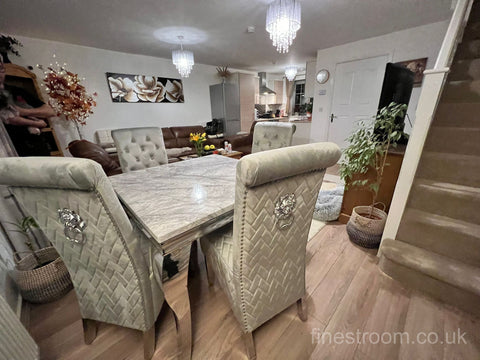 Grey Louis Chrome Dining Table With Light Grey Sofia Chairs
