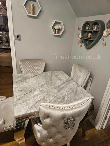 Grey Louis Chrome Dining Table With Silver Lion Knocker Victoria Chairs