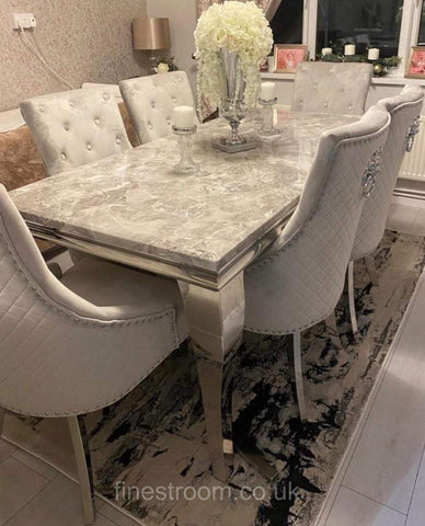 Grey Louis Chrome Dining Table With Light Grey Majestic Chairs