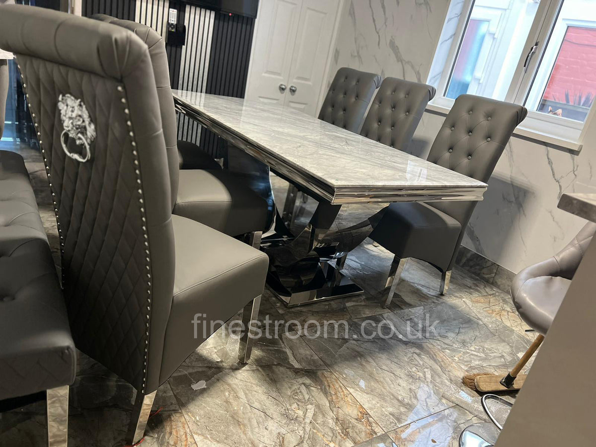 Grey Arial Dining Table With Dark Grey Leather Sofia Chairs