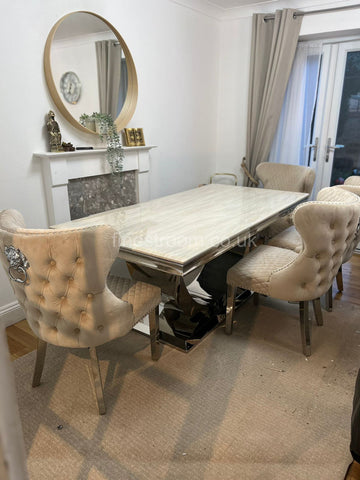 Cream Arial Marble Dining Table with Mink Valentino Chairs