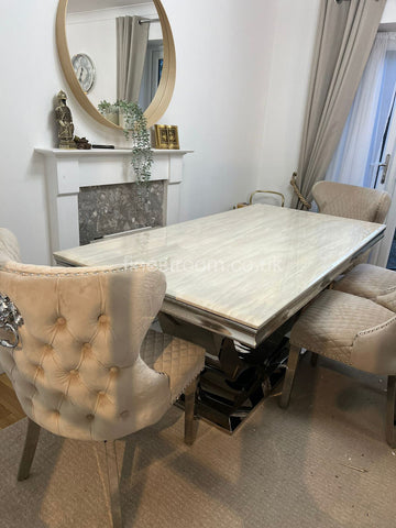 Cream Arial Marble Dining Table with Mink Valentino Chairs