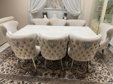 Cream Louis Chrome Dining Table with Mink Valentino Chairs