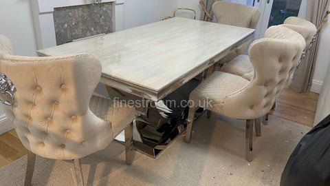 Cream Arial Marble Dining Table with Mink Valentino Chairs