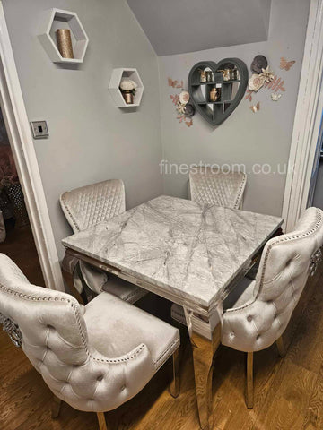 Grey Louis Chrome Dining Table With Silver Lion Knocker Victoria Chairs