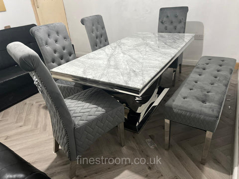 Grey Arial Dining Table With DG Sofia Chairs & Majestic Bench