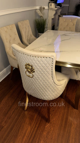 Kasi Gold Louis Dining Table with Mink Gold Lion Knocker Majestic Chairs