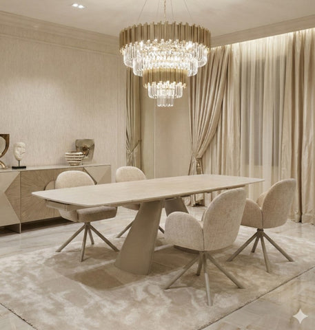 Gstaad Extendable Beige  Sintered Stone Dining Table With Gstaad Beige Dining Chairs
