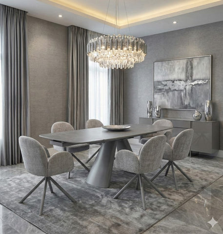 Gstaad Extendable Grey Sintered Stone Dining Table With Gstaad Grey Dining Chairs