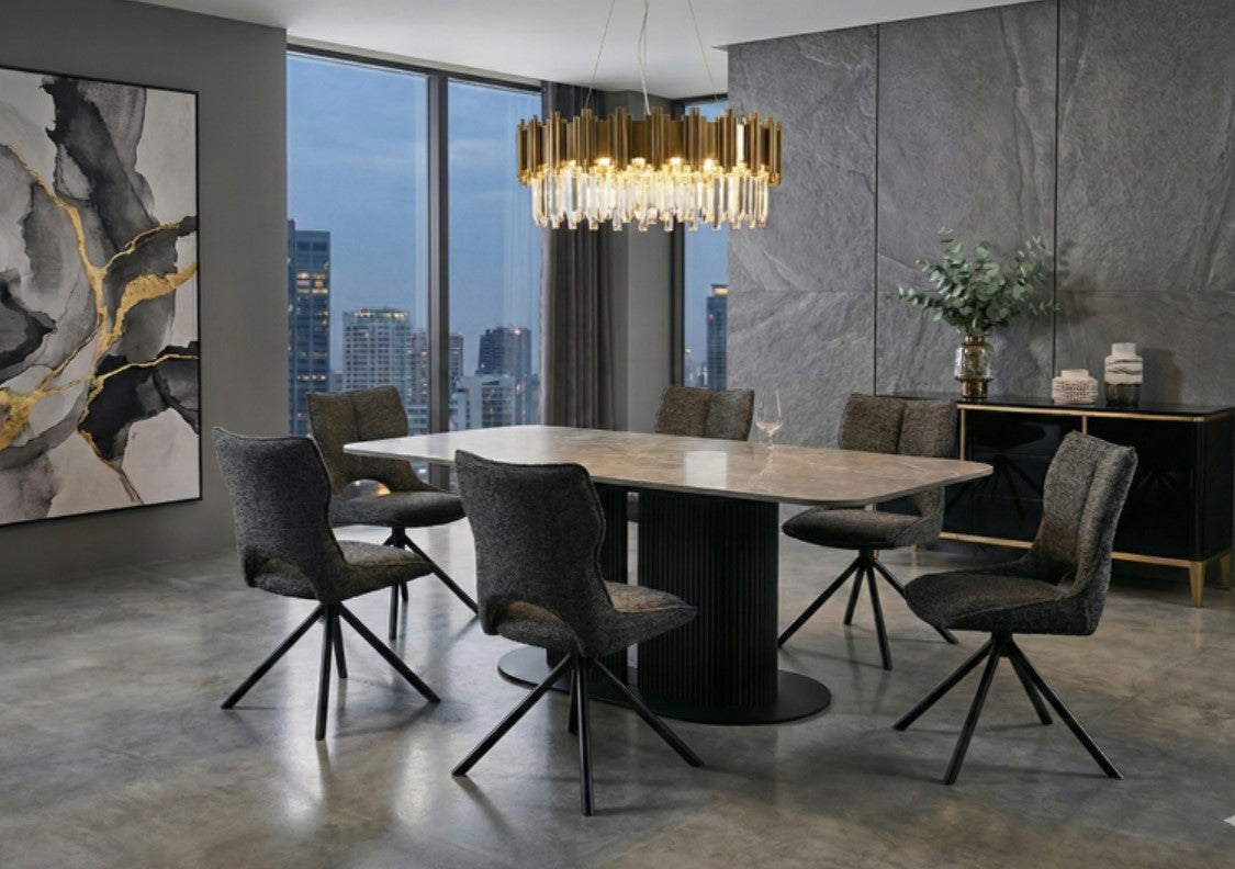 Sydney Grey Ceramic Dining Table With Grey Roseland Swivel chairs