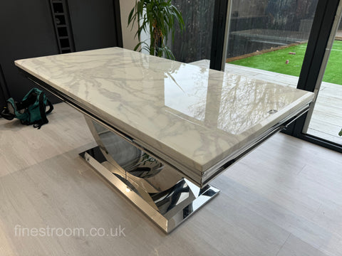 White Arial Dining Table With Dark Grey Round Knocker Majestic Chairs