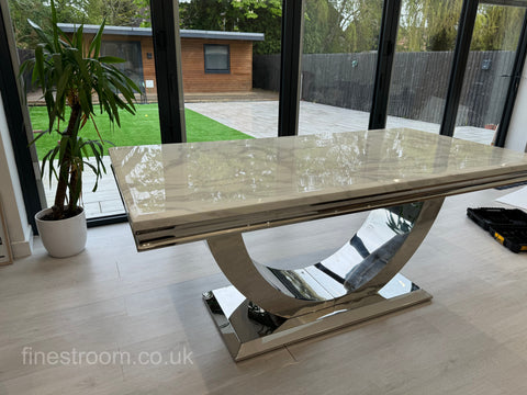 White Arial Dining Table With Dark Grey Round Knocker Majestic Chairs
